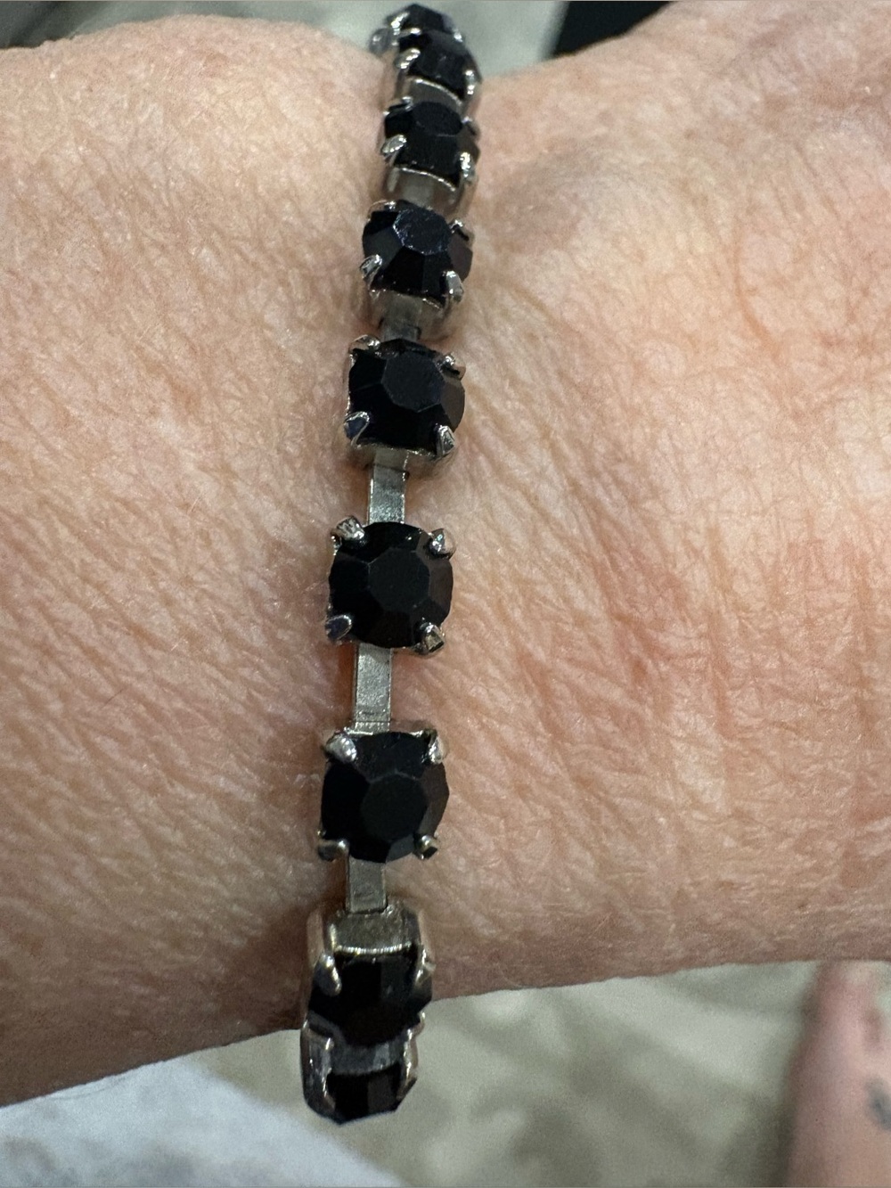 Vintage Silver Tone Black Rhinestone Square Link Bracelet